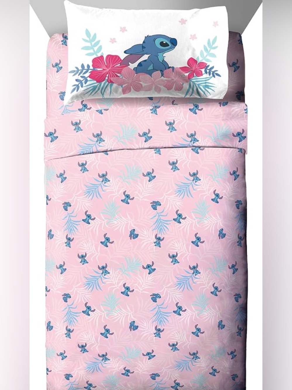 Disney Pink and Blue Stitch Floral Twin Sheet Set